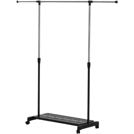 Étendoir à linge extensible à roulettes, barre et étagère à chaussures en acier inoxydable, 159 x 42 x 168 cm, noir et argent