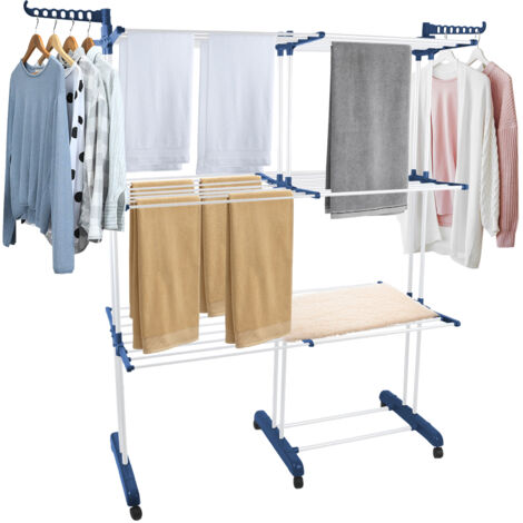 Étendoir à linge extensible et compact, 75-132x49x170cm, avec ailes repliables, perche télescopique et 6 roulettes