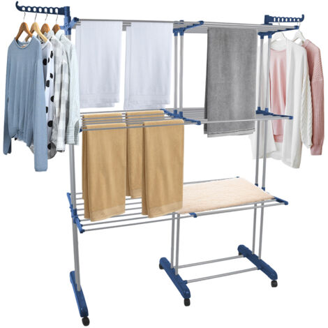 Étendoir à linge extensible et compact, 75-132x49x170cm, avec ailes repliables, perche télescopique et 6 roulettes