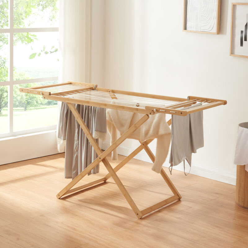 [En.Casa] – Étendoir à linge pliable en bambou 154 x 59 x 82 cm – Séchage rapide et uniforme – Pour salle de bain et balcon