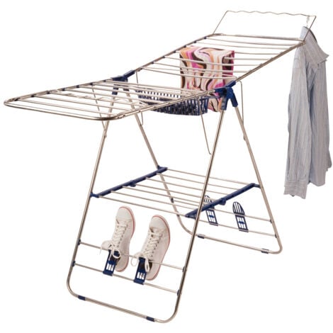 FACILITYS Étendoir à Linge Inox Pliable – Utilisation Intérieur/Extérieur avec Porte-Cintres et Sèches-Chaussures Intégrés