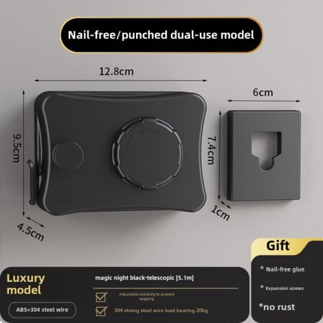 Étendoir à linge invisible noir, 5,1 m, sans perçage, pour toilettes intérieures, télescopique, pour balcon, corde à linge décorative