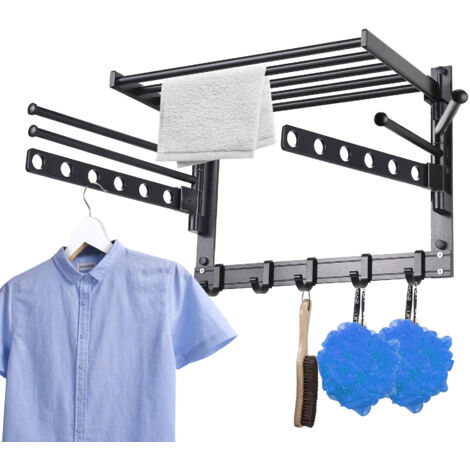 Étendoir à linge mural, 6 bras pivotants, pliable, en aluminium noir, 40 cm, 2 barres pivotantes avec trous et crochets, gain de place