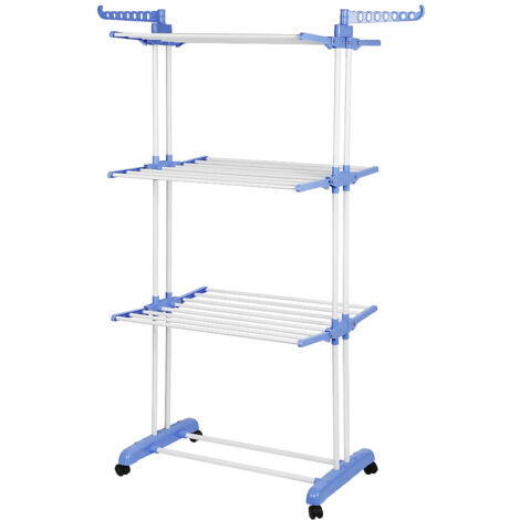 Etendoir à Linge Pliable Séchoir à vêtements Mobile Etendage à Linge 4 étages 4 Roues Ailes latérales Tubes en Acier Inoxydable avec Espace Stockage Inferieur pour Chaussures (Bleu-blanc)