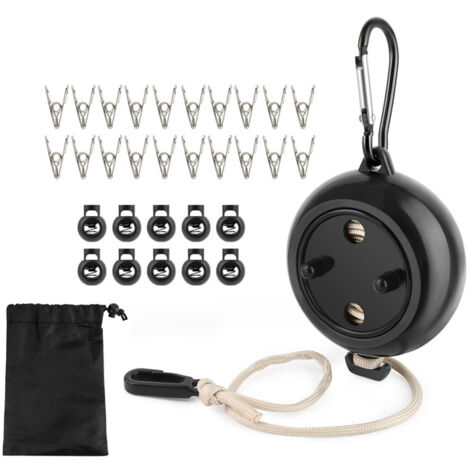 Étendoir à linge rétractable portable, 8 mètres, avec 10 boucles de fixation, 20 clips coupe-vent, sac de rangement (noir)