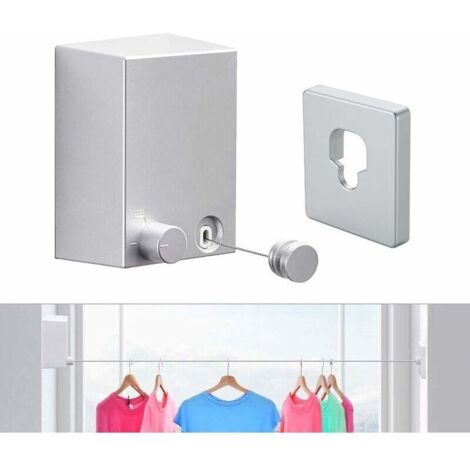 Étendoir à linge rétractable Pour intérieur et extérieur Étendoir à linge mural Suspension rétractable Verrou pour éviter l'affaissement - Argenté