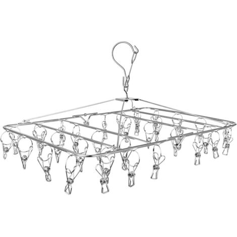 Étendoir à linge, séchoir à linge en acier inoxydable à 52 pinces, porte-chaussettes pliable, porte-sous-vêtements