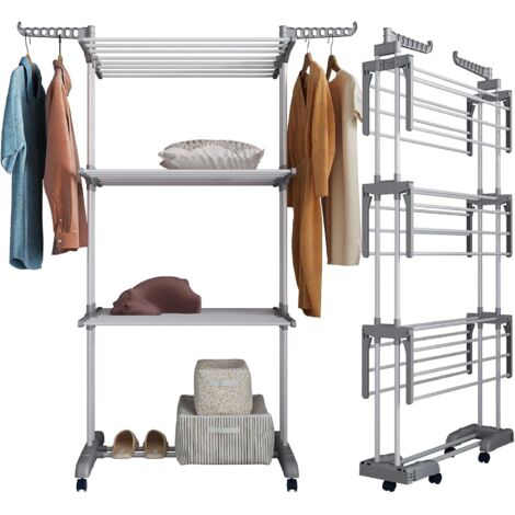 Étendoir à Linge, Séchoir Mobile à 4 Niveaux, avec roulettes, Pliable, 172 x 76 x 50cm, Grande Capacité, Montage Facile, Utilisation Intérieure et Extérieure, Gris