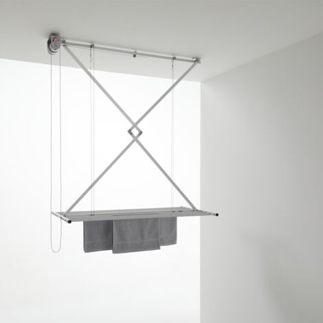 Étendoir à linge suspendu plafond – Aluminium et acier – Système de poulie pour installation facile – Capacité 10 kg – Dimensions 152 x 54 x 25 cm – Foxydry
