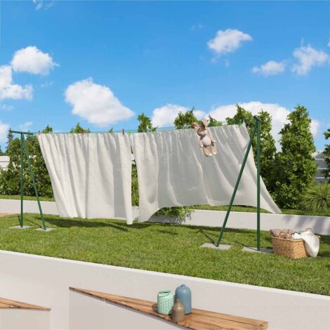 Trigano – Étendoir à linge Windy vert – 60 mètres de corde sur 6 fils – Tube en acier 35mm – À sceller dans le béton pour stabilité