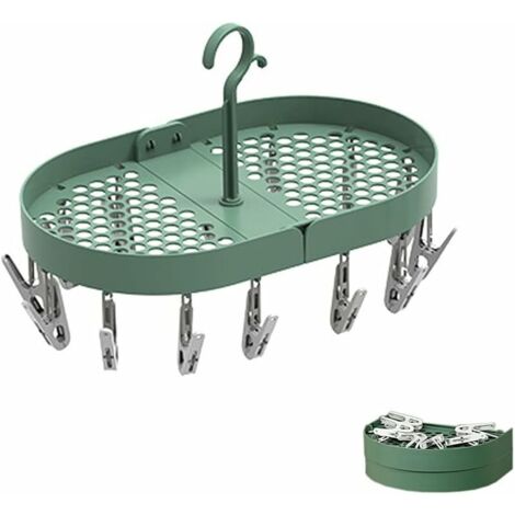 Etendoir Chaussette, Etendage à Linge à Suspendre, Séchage Rack, Pliables, Multifonctionnel, avec Crochet Pivotant à 360 ° et 14 Pinces à Linge, pour Lingerie, Chaussettes, Serviettes (Vert)