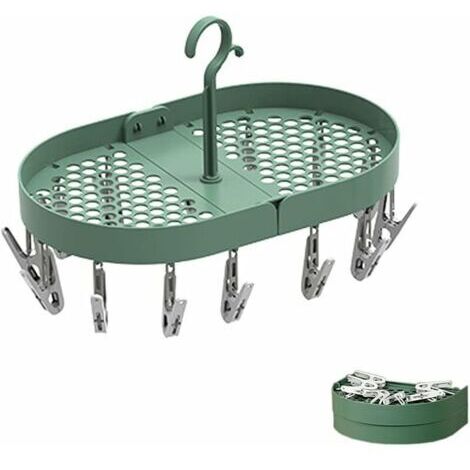 Etendoir Chaussette, Etendage à Linge à Suspendre, Séchage Rack, Pliables, Multifonctionnel, avec Crochet Pivotant à 360 ° et 14 Pinces à Linge, pour Lingerie, Chaussettes, Serviettes (Vert)