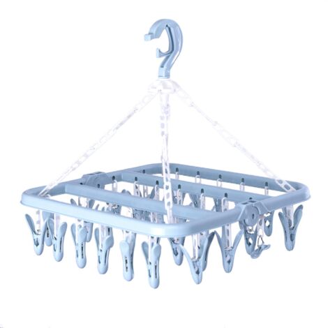 Etendoir Chaussette, Étendoir à Linge à Suspendre avec 32 Pinces en à l’épreuve du Vent, Séchoir Chaussettes Pliable Lingerie pour Chaussettes,Sous-vêtements,Vêtements de Bébé,Serviettes(Bleu)