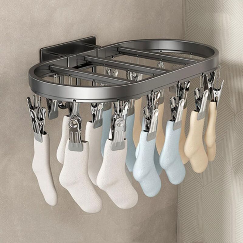 Linghhang - Etendoir Chaussette Mural, Etendoir Linge Pliable avec 24 Pinces Inoxydable, Métal Seche Chaussettes Interieur Extérieur pour
