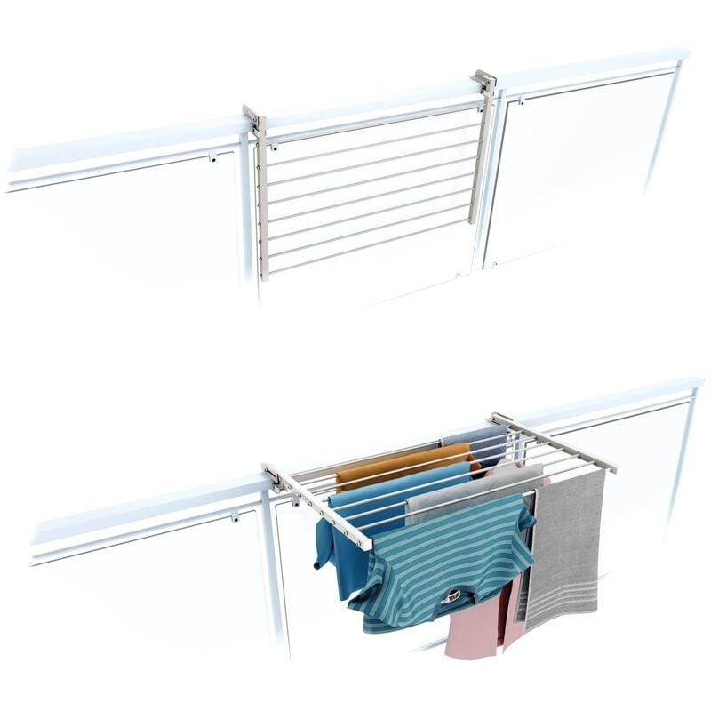 Tendoir de balcon rabattable, séchoir à linge pour rambarde extérieur résistant Foxydry Duo, pour terrasses, balcons et rampes - Blanc 82 cm