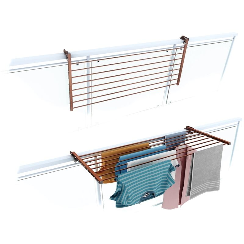 Tendoir de balcon rabattable, séchoir à linge pour rambarde extérieur résistant Foxydry Duo, pour terrasses, balcons et rampes - Corten 118 cm