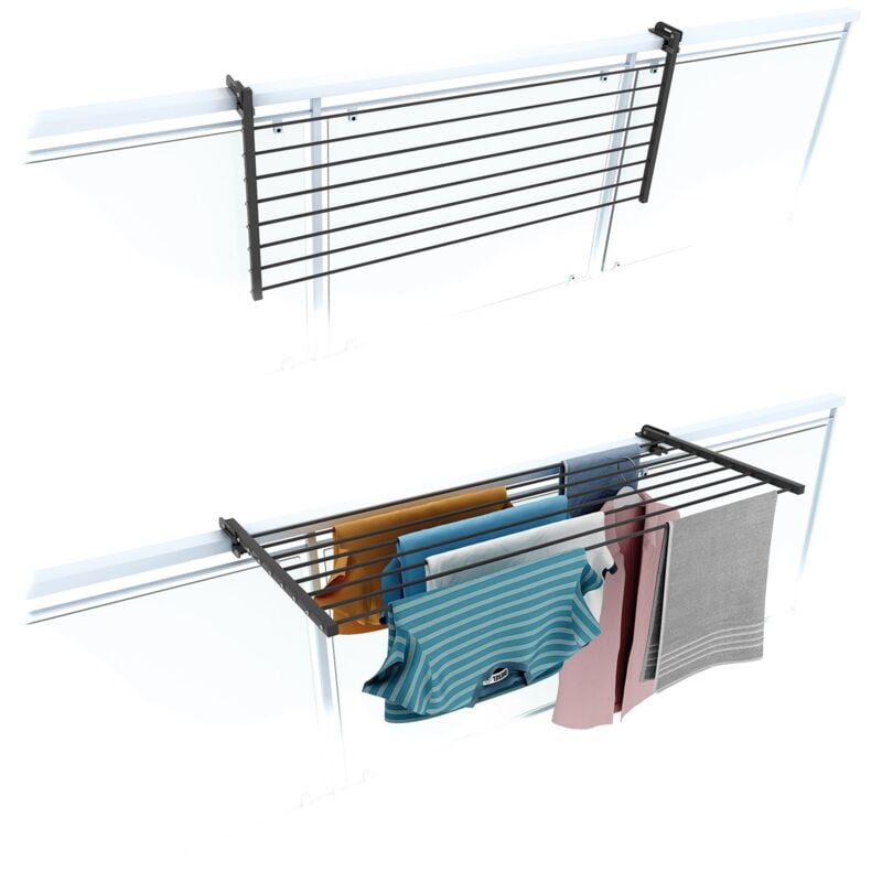 Étendoir de balcon rabattable, séchoir à linge pour rambarde extérieur résistant Foxydry Duo, pour terrasses, balcons et rampes - Anthracite 118 cm