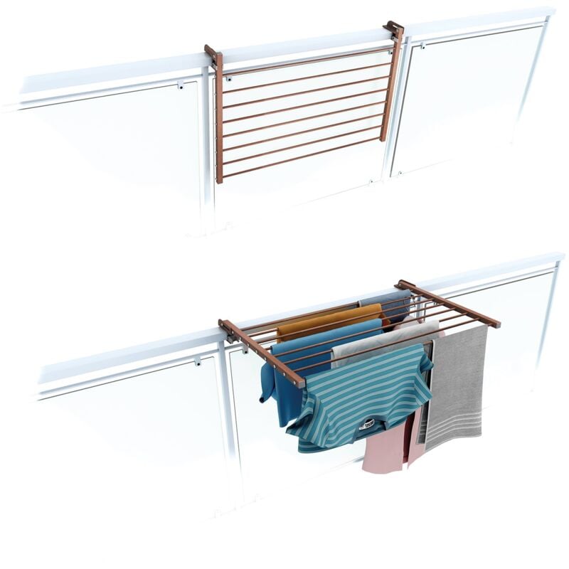 Tendoir de balcon rabattable, séchoir à linge pour rambarde extérieur résistant Foxydry Duo, pour terrasses, balcons et rampes - Corten 82 cm