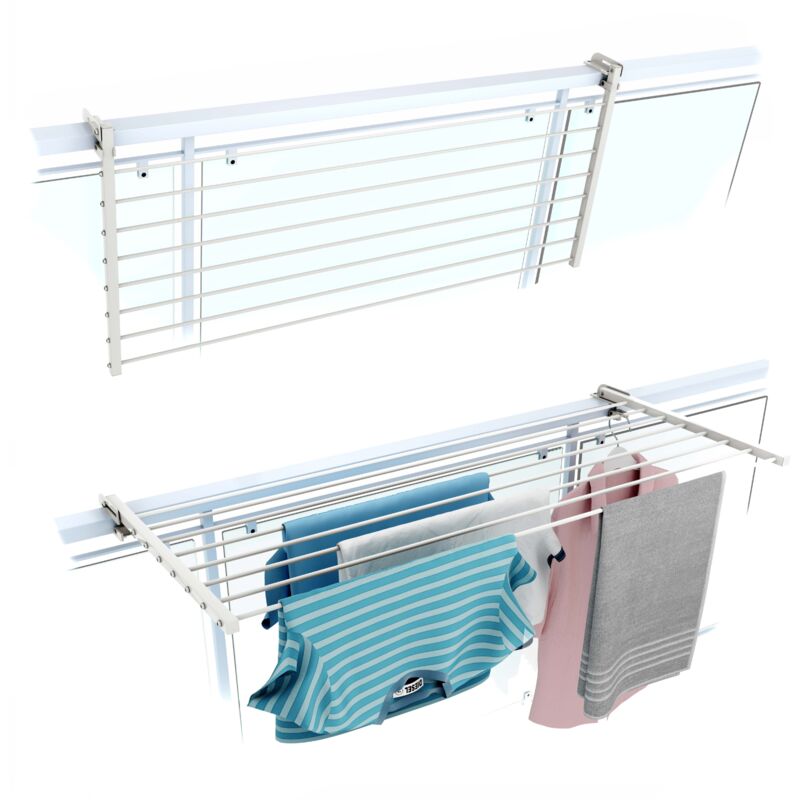 Tendoir de balcon rabattable, séchoir à linge pour rambarde extérieur résistant Foxydry Duo, pour terrasses, balcons et rampes - Blanc 118 cm