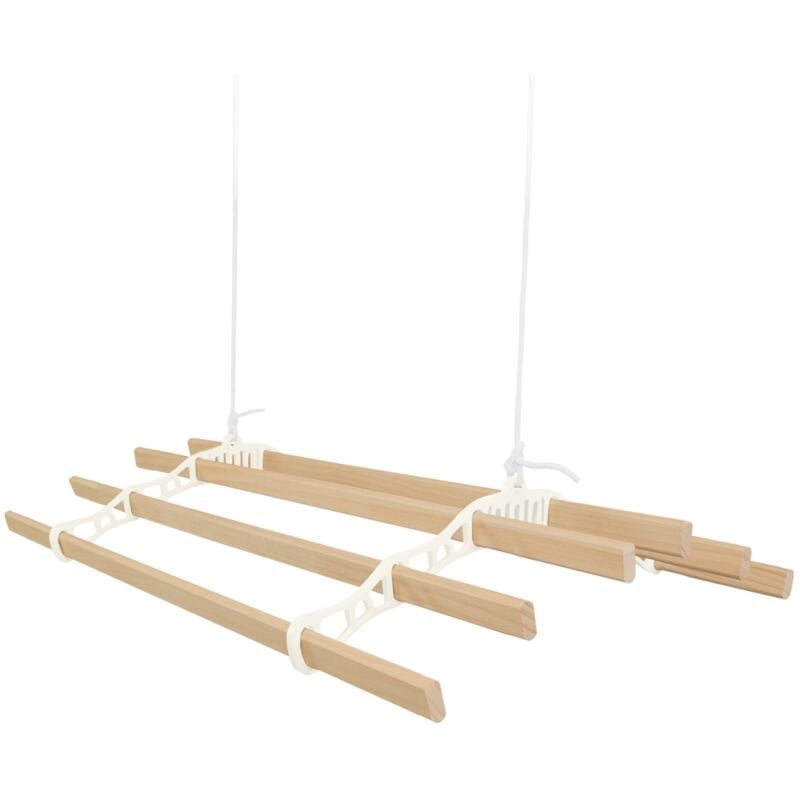 Étendoir de plafond avec système de poulies couleur IVOIRE et 6 lattes en bois de 1,4 m Capacité de charge de 30 kg Kit de fixation GRATUIT Étendoir