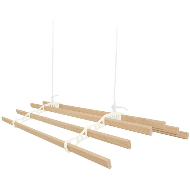 Étendoir de plafond avec système de poulies couleur IVOIRE et 6 lattes en bois de 2 m Capacité de charge de 30 kg Kit de fixation GRATUIT Étendoir