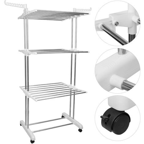 Etendoir Linge, 4 Niveaux Grande Sechoir a Linge Pliable avec Roues, Acier Inoxydable Seche Linge Etendoir pour Intérieur et Extérieur, Blanc