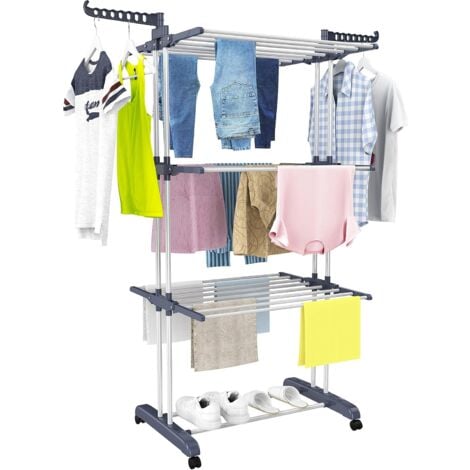 Etendoir à Linge Peu encombrant en Métal 4 Étages Doubles, Étendoir à Linge  Interieur Pliable avec Roues et Extensible Gris - Cdiscount Maison