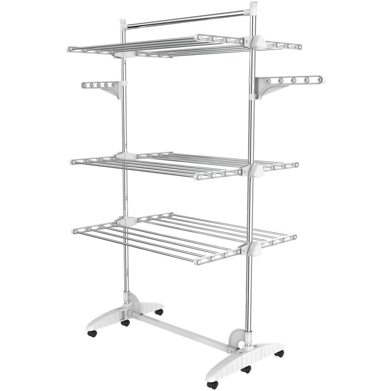 Etendoir à Linge, Etendage à Linge, 3 étagères, Blanc, avec ailes et barre supérieure, Matériau: Tubes en acier inoxydable