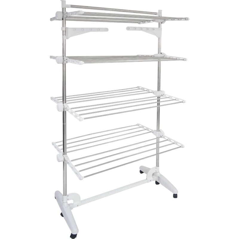 Etendoir à Linge, Etendage à Linge, 4 étagères, Blanc, avec ailes et barre supérieure, Matériau: Tubes en acier inoxydable