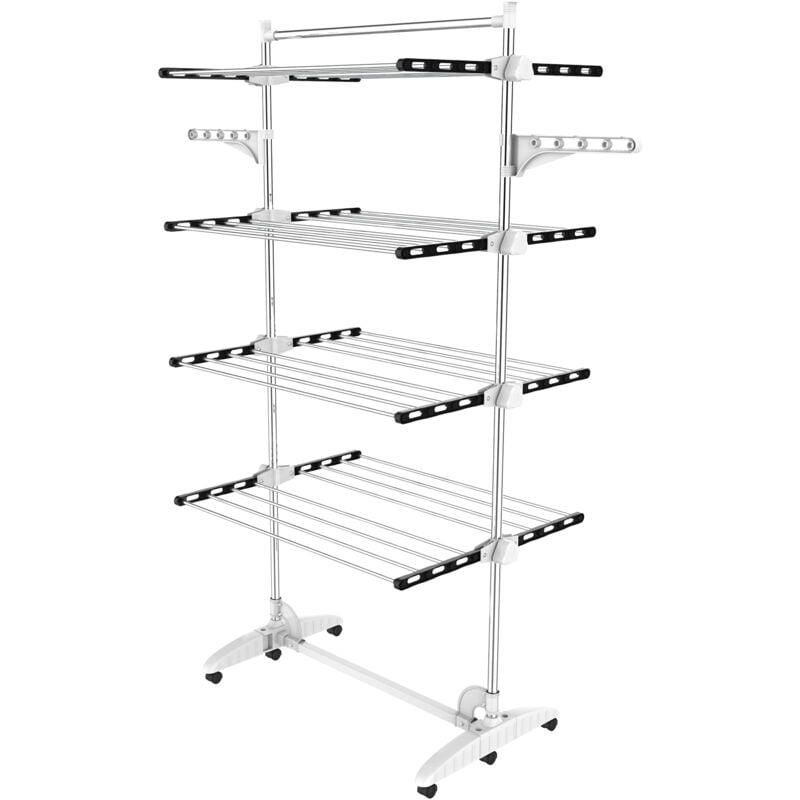 Etendoir à Linge, Etendage à Linge, 4 étagères, Noir/Blanc, avec ailes et barre supérieure, Matériau: Tubes en acier inoxydable