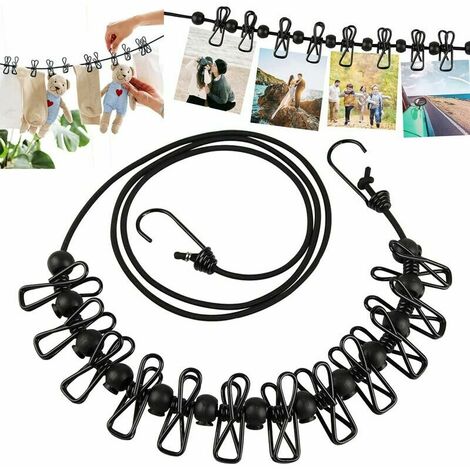 Etendoir Linge Exterieur, Corde A Linge, Tendeur Fil A Linge Pour Extérieur Voyage Vacances Camping Avec 12 Clips Cintres Porte-Manteaux 180-340 Réglable Avec 12 Pinces (Noir) Outils Des Vetements DRI