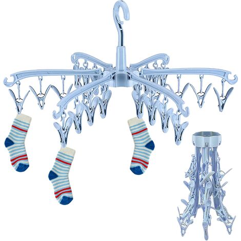 Etendoir Linge Interieur Exterieur, 24 Pinces Sechoir a Linge à Suspendre Pliable, Etendoir Chaussette Rotable, pour Couches en Tissu, Soutiens-Gorge, Serviette, sous-vêtement, Echarpe, Gants