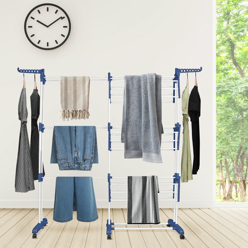 Étendoir Linge Intérieur sur 3 Niveau Séchoir à Linge Extensible Pliable avec 6 Roues de Frein de Stationnement à 360° Grand Capacité