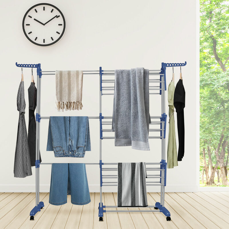 Tendoir Linge Intérieur sur 3 Niveau Séchoir à Linge Extensible Pliable avec 6 Roues de Frein de Stationnement à 360° Grand Capacité 75-142.5x64x170cm