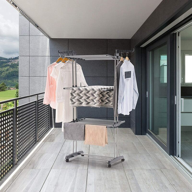 Etendoir à Linge Pliant Grand Capacité Séchoir Monduable 3 Niveaux Étendage à Linge avec Ailes Argent Gris