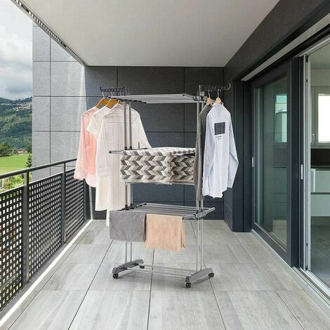 Etendoir �� Linge Pliant Grand Capacit�� S��choir Monduable 3 Niveaux ��tendage �� Linge avec Ailes Argent Gris