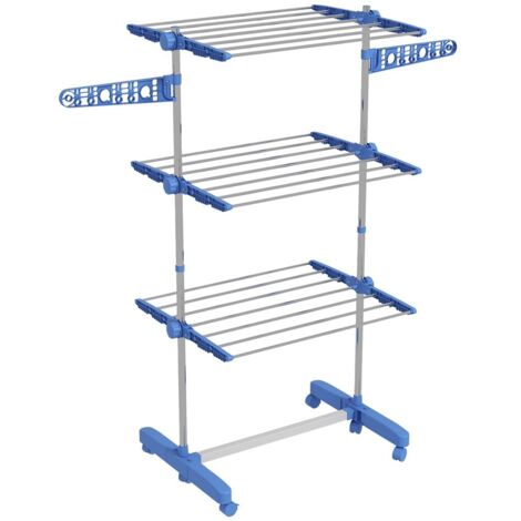 Etendoir sechage 3 niveaux - Pliable ailes laterales - Roulettes deplacement - Acier bleu