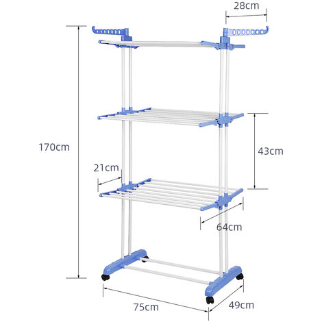 Étendoir séchoir à Linge, 3 Niveaux Grande Sechoir a Linge Pliable avec Roues, pour Intérieur et Extérieur, Bleu
