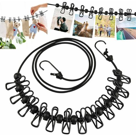 Etendoir?Linge?Exterieur, Corde a Linge, Tendeur?Fil?a?Linge pour Ext��rieur Voyage Vacances Camping avec 12 Clips Cintres Porte-Manteaux 180-340cm R��glable avec 12 Pinces (Noir)