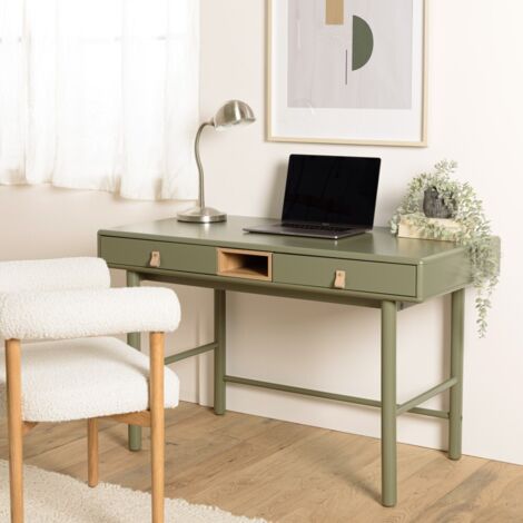 ETHAN - Bureau vert 2 tiroirs et 1 niche en bois naturel