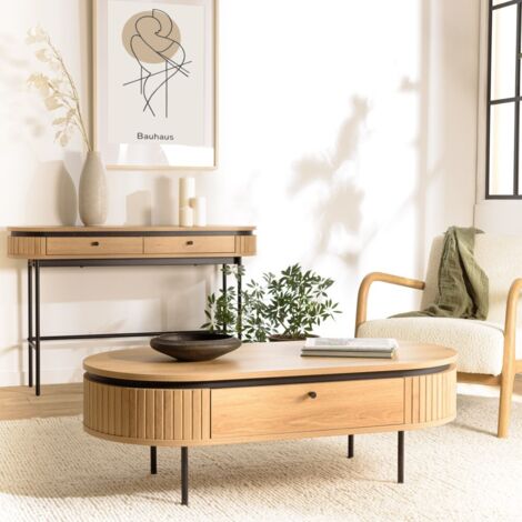 ETHAN - Table basse arrondie couleur naturelle 2 tiroirs