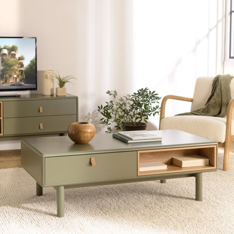 ETHAN - Table basse verte 2 tiroirs et 2 niches en bois naturel