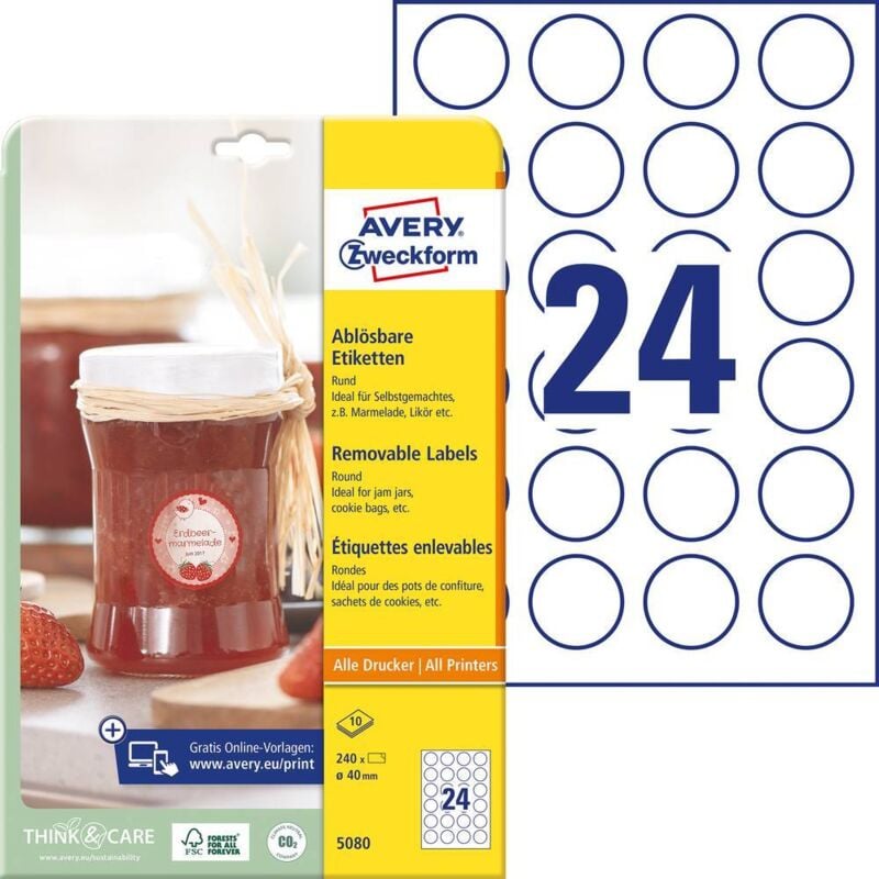 Image of Avery-Zweckform 5080 Etichetta universale ø 40 mm Carta Bianco 1 kit Staccabile Stampante a getto Inkjet, Stampan