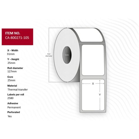Etichette a trasferimento termico 31 x 25 mm, perforate, permanenti, 2580 pezzi/rotolo, 12 rotoli/scatola, CA-800271-105