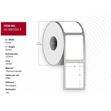 Etichette a trasferimento termico 51 x 25 mm, anima da 25 mm, rivestite, resistenti, perforate, 2580 etichette/rotolo, 8 rotoli/scatola, CA-3007201-T
