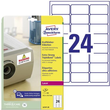 Etichette adesive ultra-resistenti Avery-Zweckform L6141-20, 63,5 x 33,9 mm, in film di poliestere bianco, confezione da 20 pezzi, compatibili con laser, fissaggio permanente