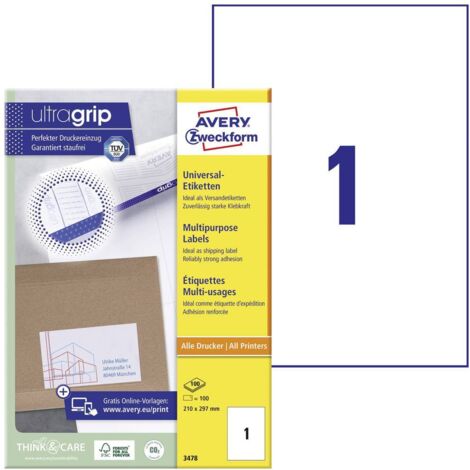 Etichette Avery Zweckform Ultragrip 210x297mm Bianco 100pz [3478]