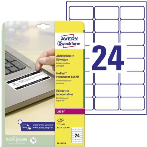 Etichette di Sicurezza Avery-Zweckform L6146-20, 63,5 x 33,9 mm, in film di polyester bianco, confezione da 20 pezzi con fissaggio permanente