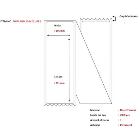 Etichette di spedizione Capture 105 x 251 mm, piegate a modulo continuo. Termiche, 2000 pezzi/scatola, SHIPLABEL105X251-FF2