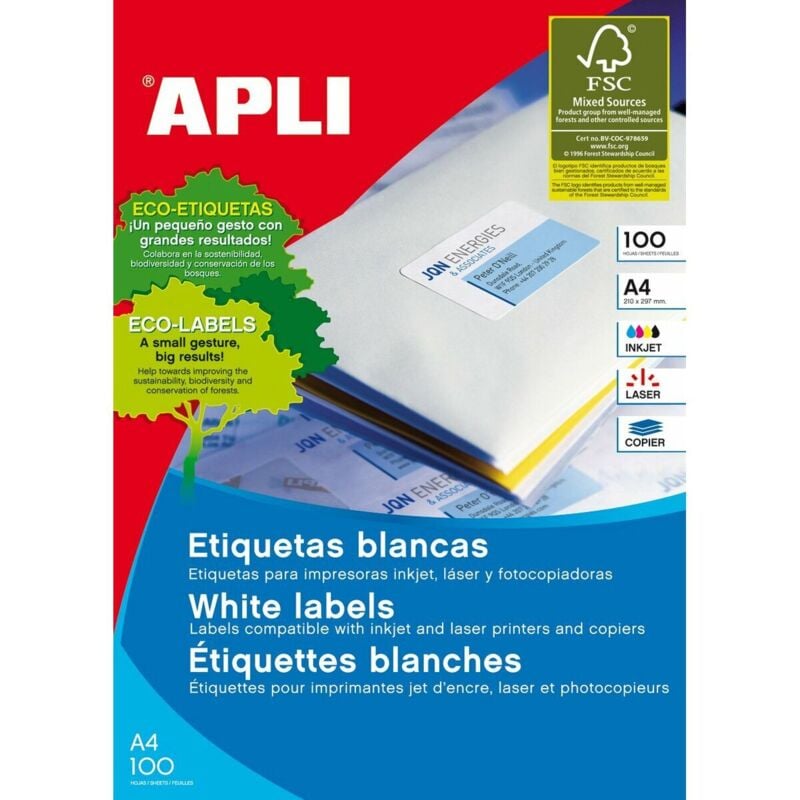 

Genérica - Apli etiquetas blanco para impresora inkjet laser y fotocopiadoras 525 x 212mm cantos rectos - 100 hojas-